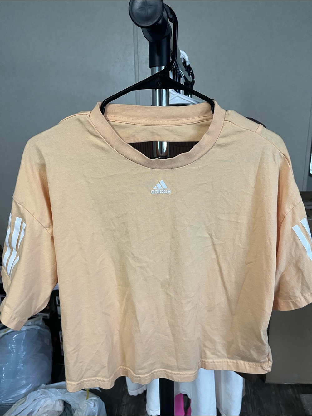 adidas yellow Cropped Tee with White Logo & Sleeve Stripes